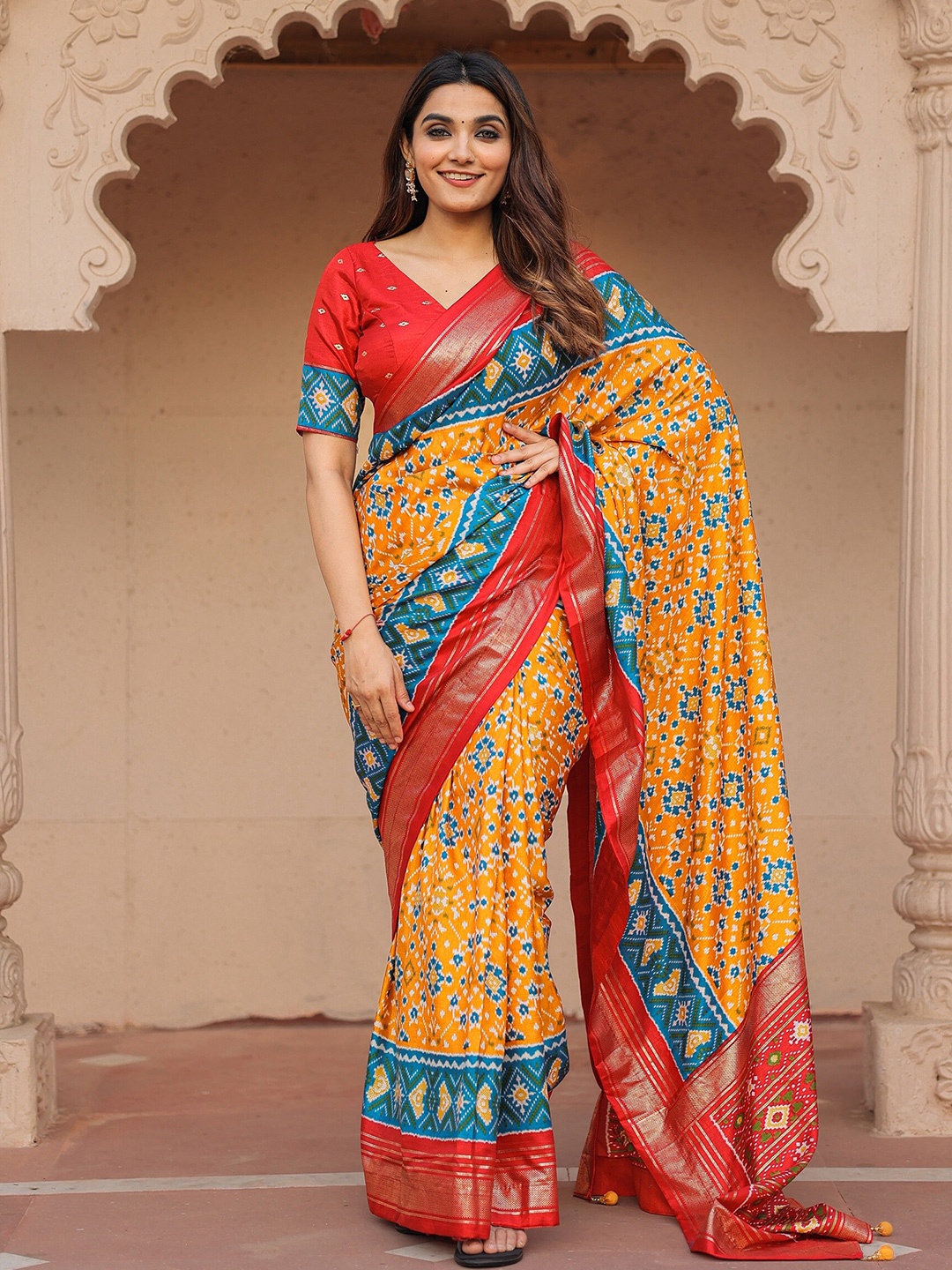 

LOOKNBOOK ART Ethnic Motif Printed Zari Patola Saree, Mustard