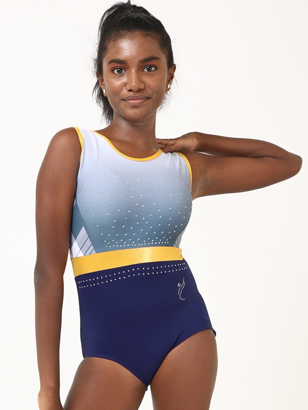 

IKAANYA Girls Gymnastcs Plaid Rhinestones Embellished Leotard, Navy blue