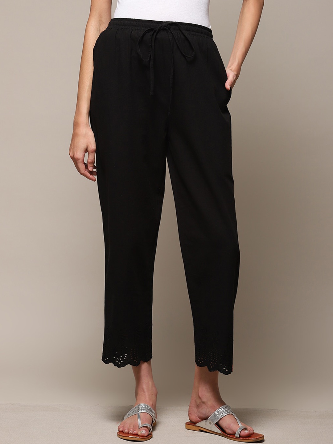 

Biba Women Relaxed Mid-Rise Cotton Regular Trousers, Black