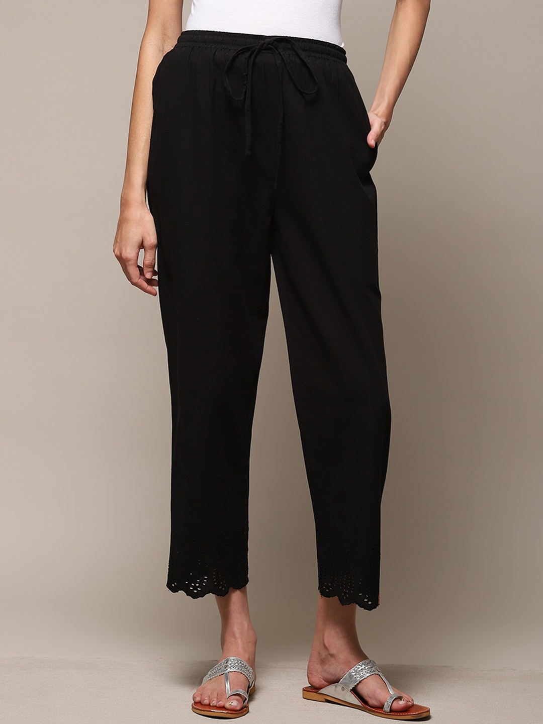 

Biba Women Mid-Rise Relaxed Cotton Trousers, Black