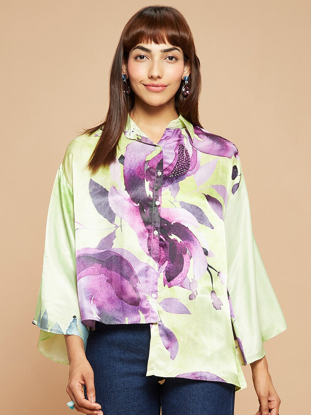 

navyasa by liva Printed Bell Sleeve Liva Shirt Style Top, Green
