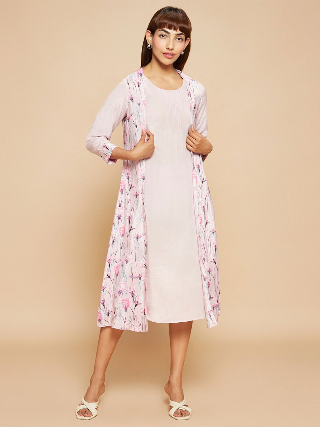

navyasa by liva Floral Printed A-line Dress With Shrug, Pink