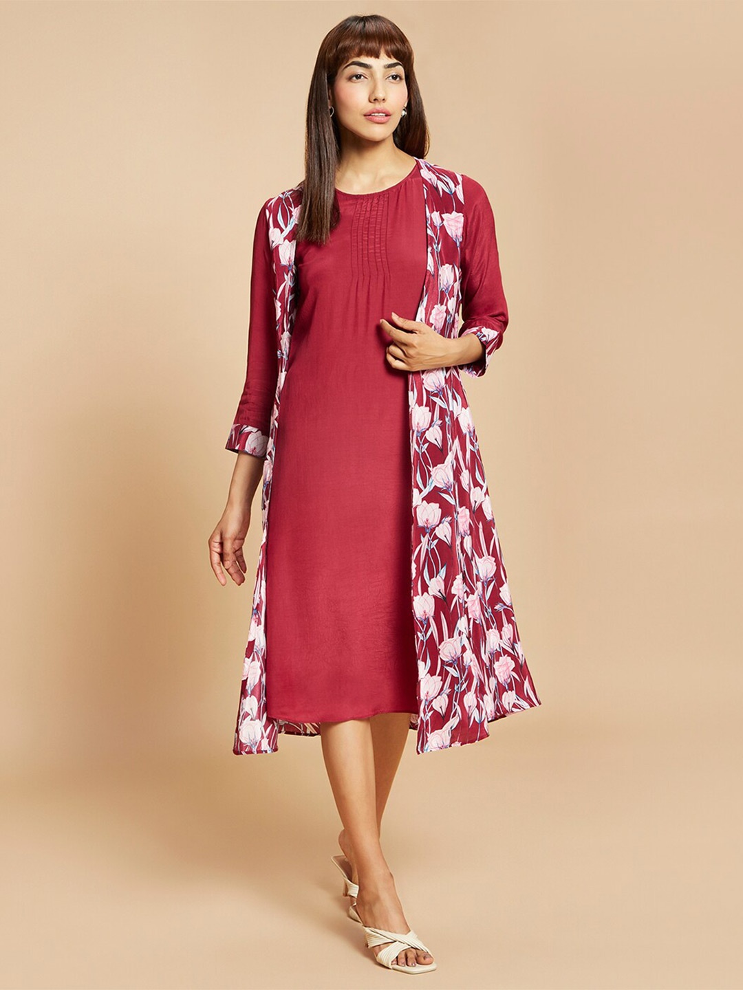 

navyasa by liva Floral Printed A-Line Dress With Shrug, Maroon