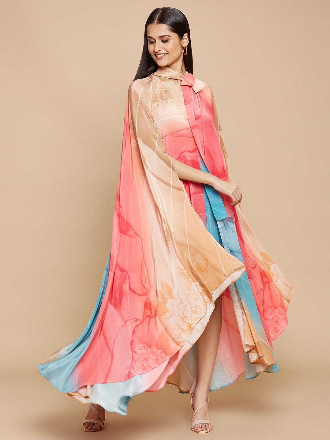 

navyasa by liva Abstract Printed Slit Sleeves Liva Maxi Dress, Pink