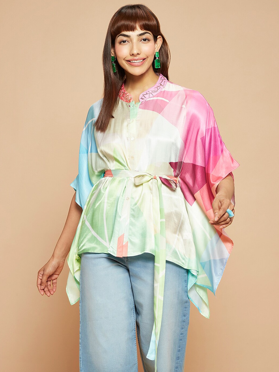 

navyasa by liva Abstract Print Flared Sleeve Liva Top, Green