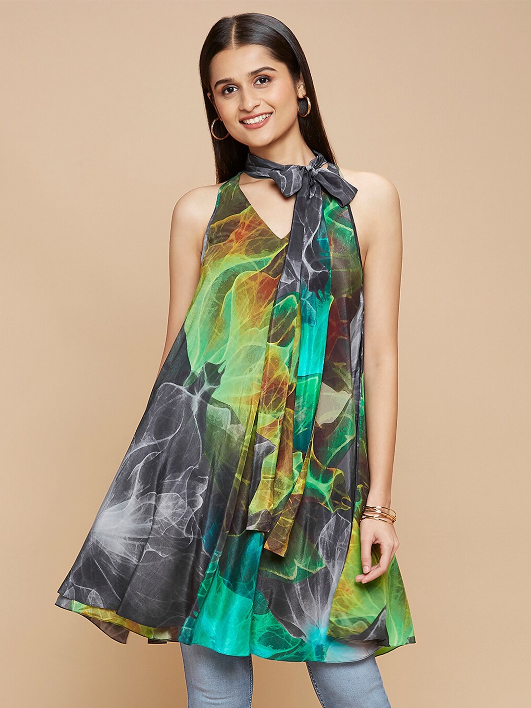 

navyasa by liva Abstract Printed Tie - Up Neck Liva Tunic, Green