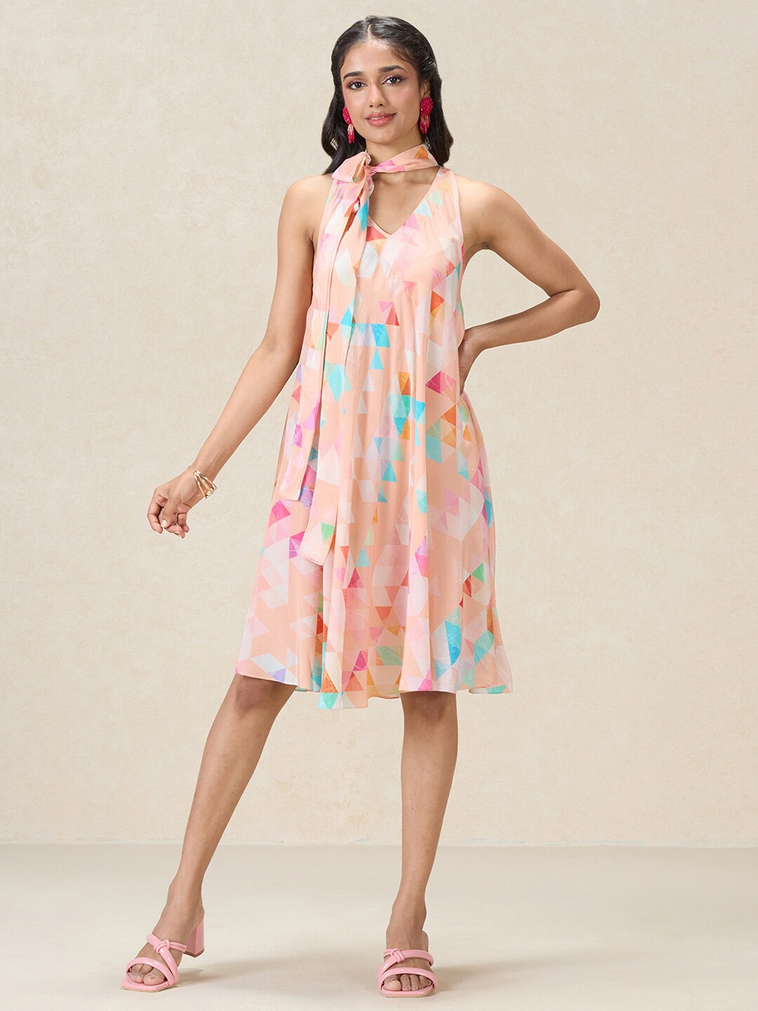 

navyasa by liva Geometric Printed Cotton A-Line Dress, Peach