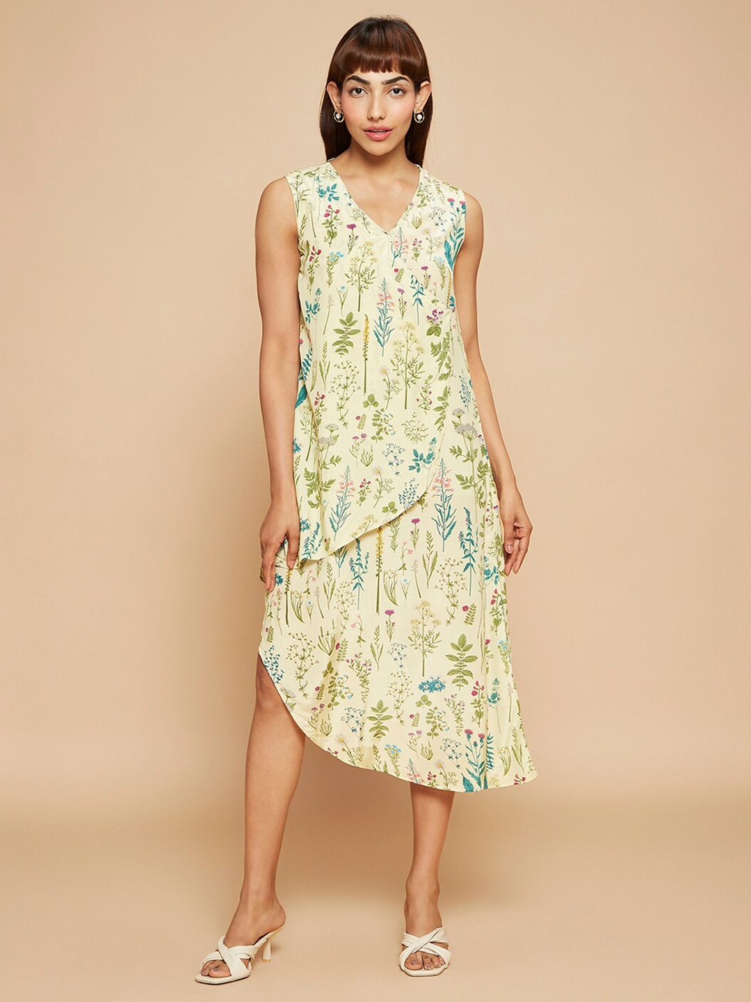 

navyasa by liva Floral Printed Front Overlap Sleeveless Liva A-Line Midi Dress, Yellow