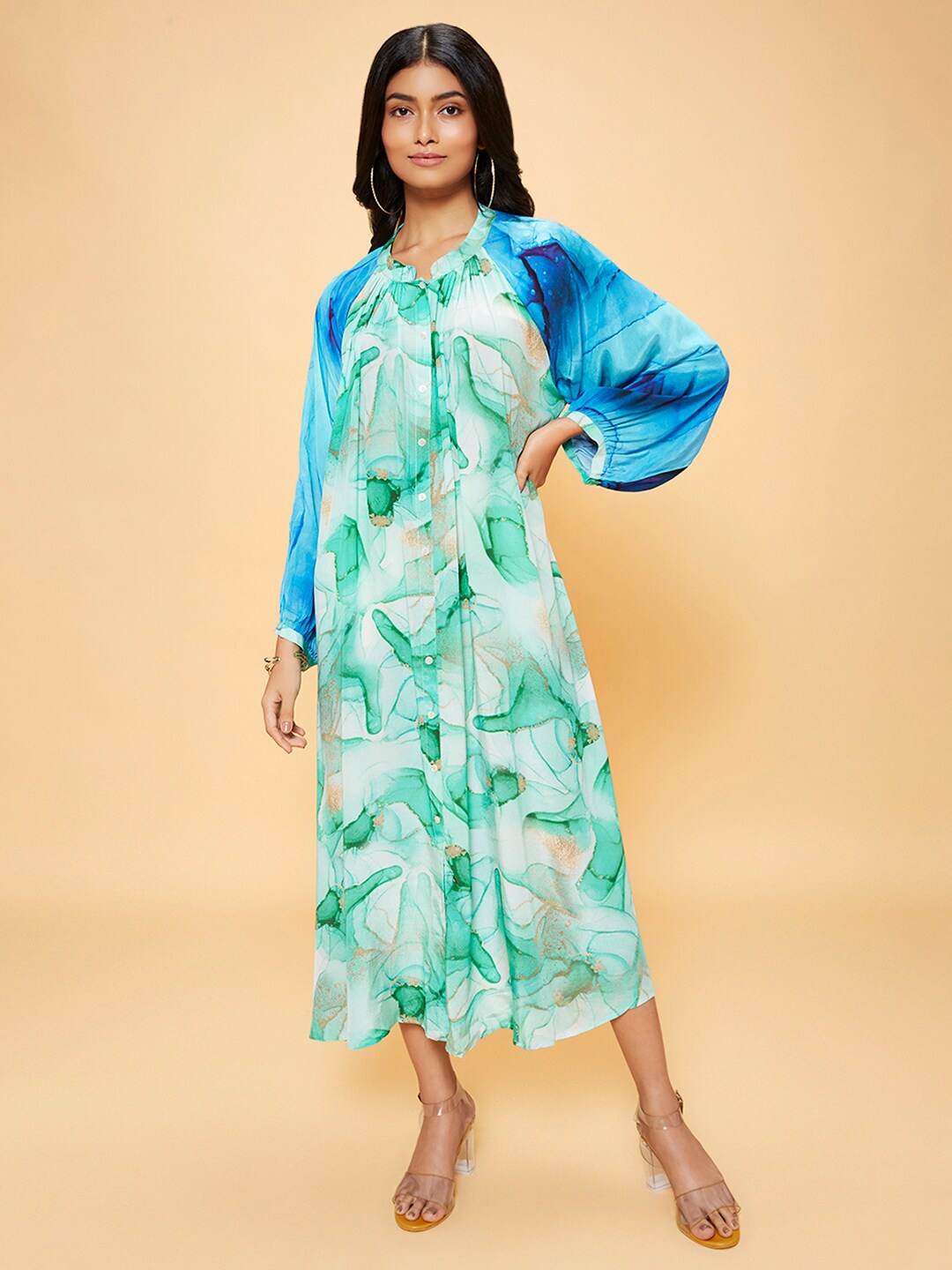 

navyasa by liva Abstract Printed Puff Sleeves Liva A-Line Midi Dress, Green
