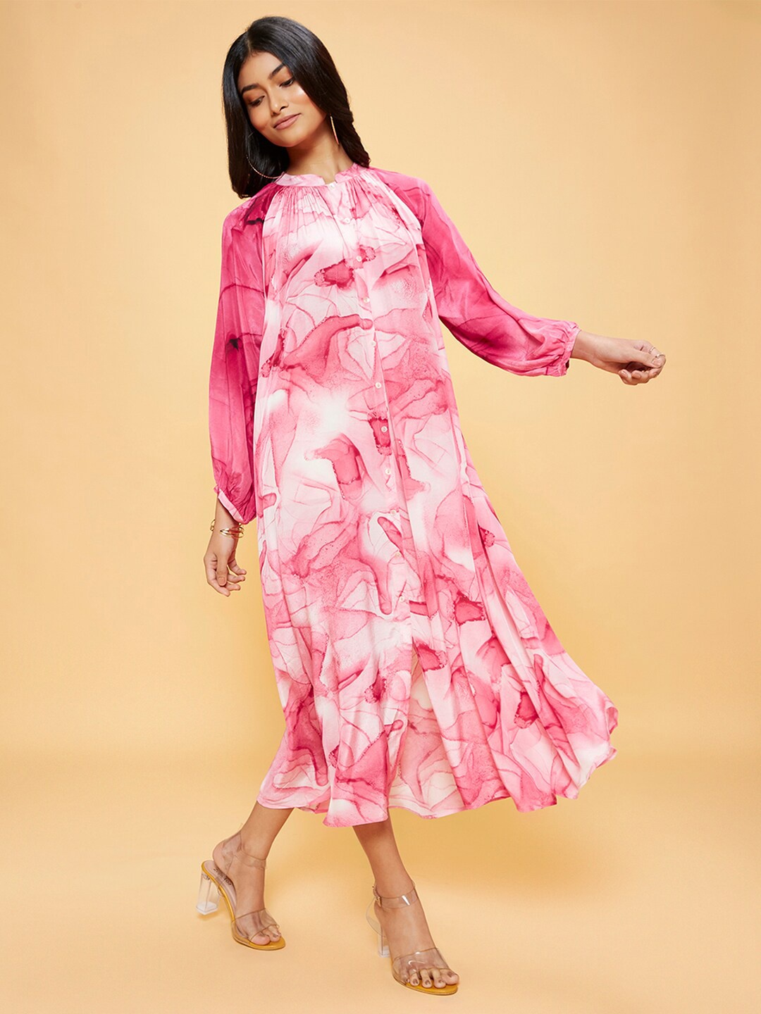 

Navyasa By Liva Abstract Printed Puff Sleeve Mandarin Collared A-Line Midi Dress, Pink