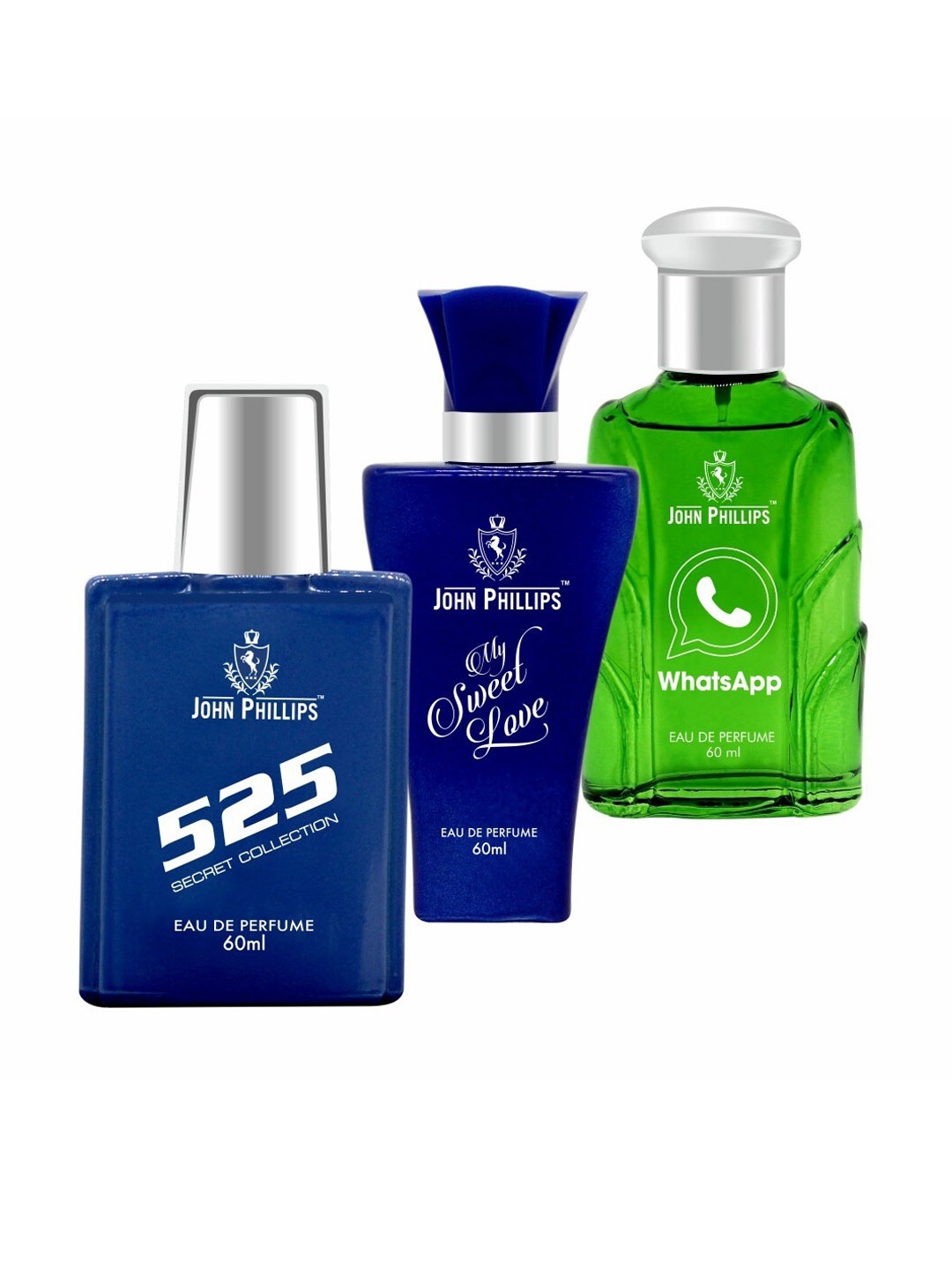 

JOHN PHILLIPS 525 & MY SWEET LOVE & WHATSAPP, Set Of 3 Long Lasting French Unisex Perfume, Na