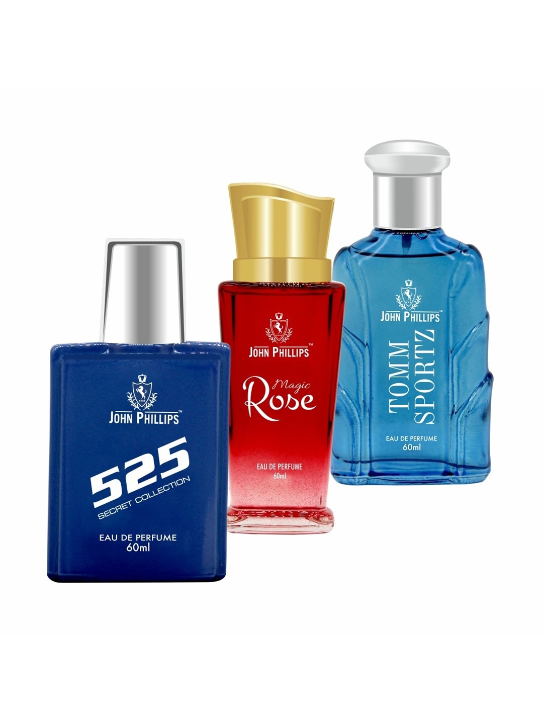 

JOHN PHILLIPS 525 & MAGIC ROSE & TOMM SPORTZ, Set Of 3 Long Lasting French Unisex Perfume, Na