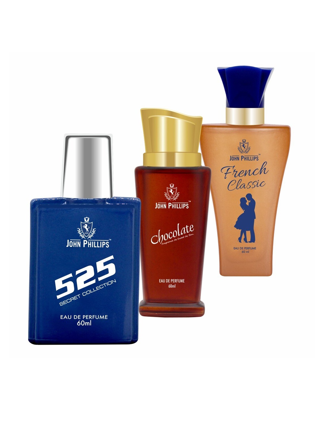 

JOHN PHILLIPS 525 & CHOCOLATE & FRENCH CLASSIC, Set Of 3 French Unisex Perfume, Na