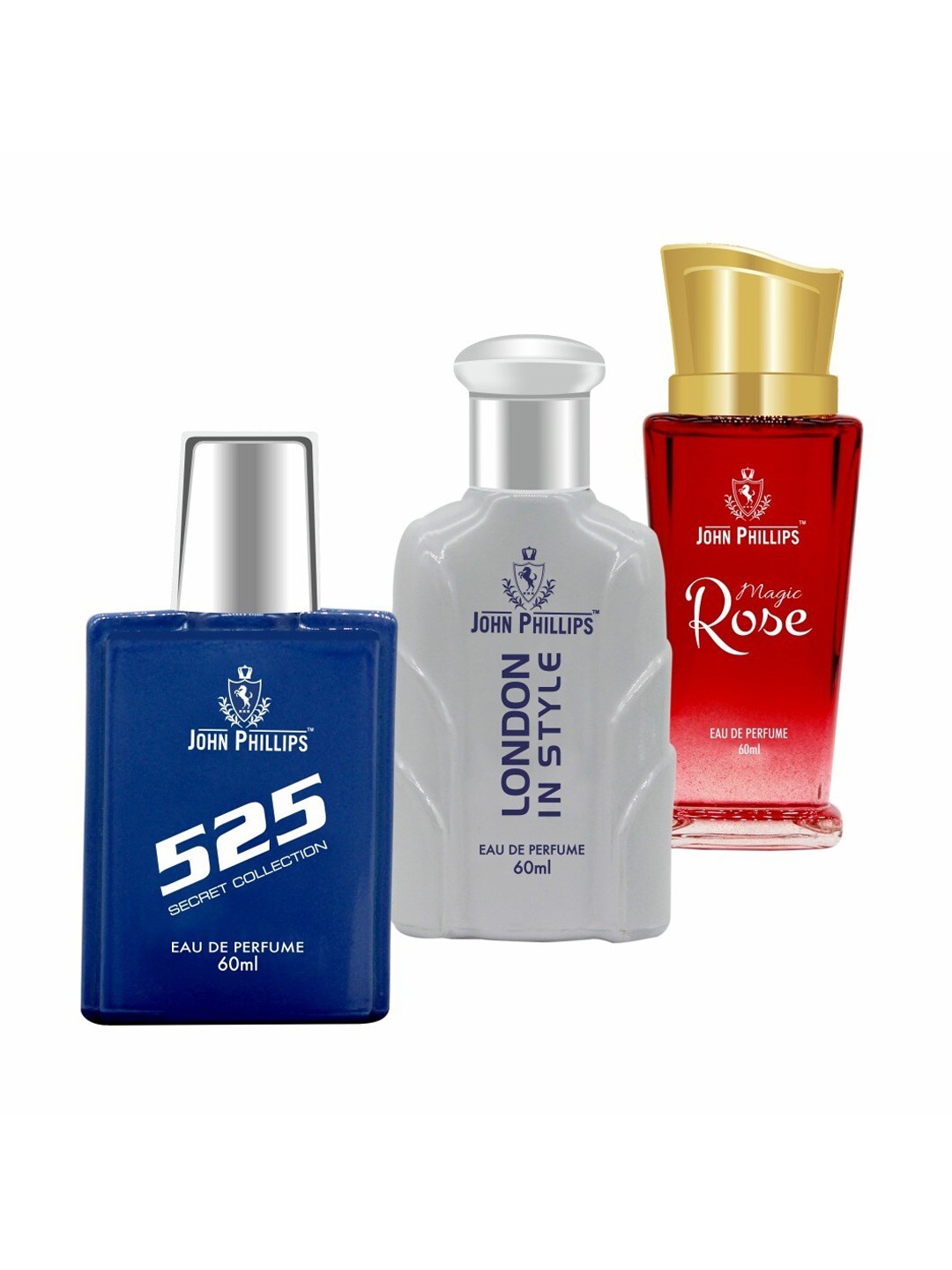 

JOHN PHILLIPS 525 & LONDON IN STYLE & MAGIC ROSE, Set Of 3 French Unisex Perfume, Na