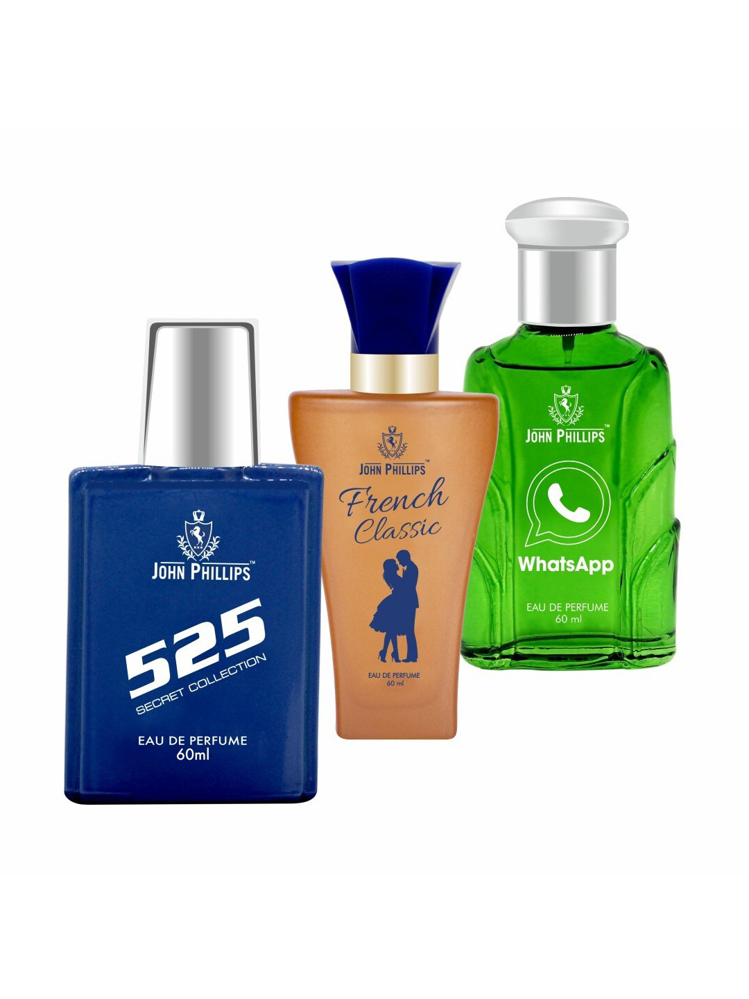 

JOHN PHILLIPS Set of 3 Eau De Parfum - 525 + French Classic + Whatsapp - 60ml Each, Blue