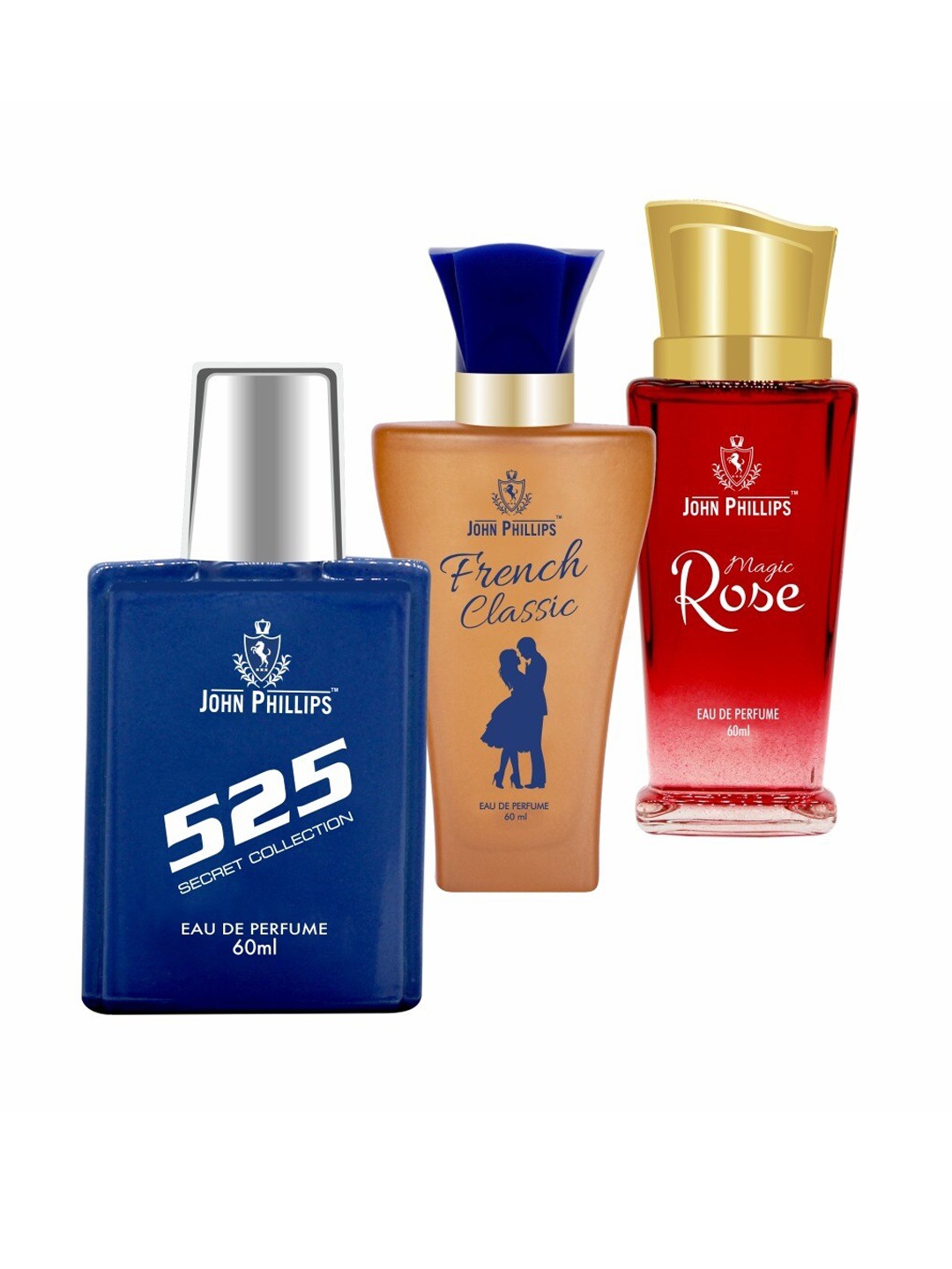 

JOHN PHILLIPS Set of 3 Eau De Parfum - 525 + French Classic + Magic Rose - 60ml Each, Blue