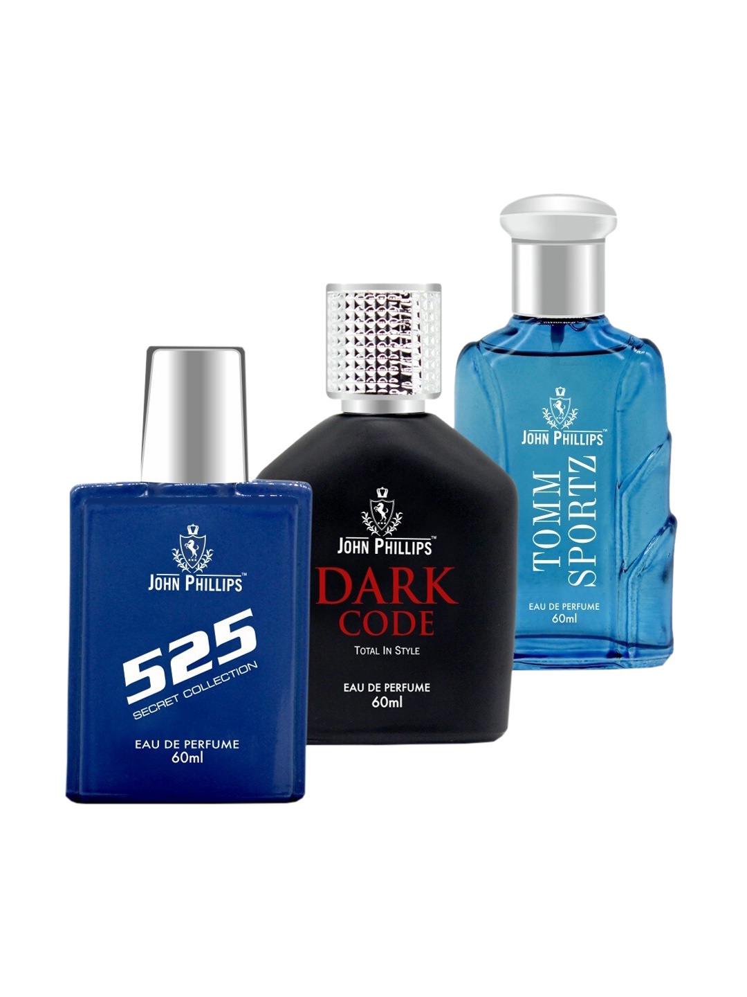 

JOHN PHILLIPS Set of 3 Eau De Parfum - 525 + Dark Code + Tomm Sportz - 60ml Each, Blue