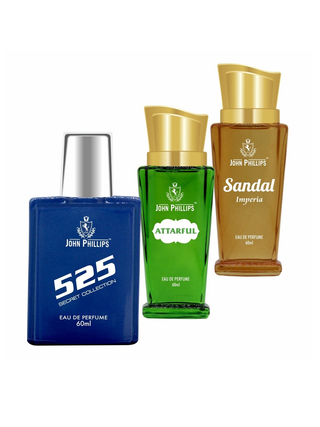 

JOHN PHILLIPS 525 & ATTARFUL & SANDAL, Set Of 3 Long Lasting French Unisex Perfume, Na