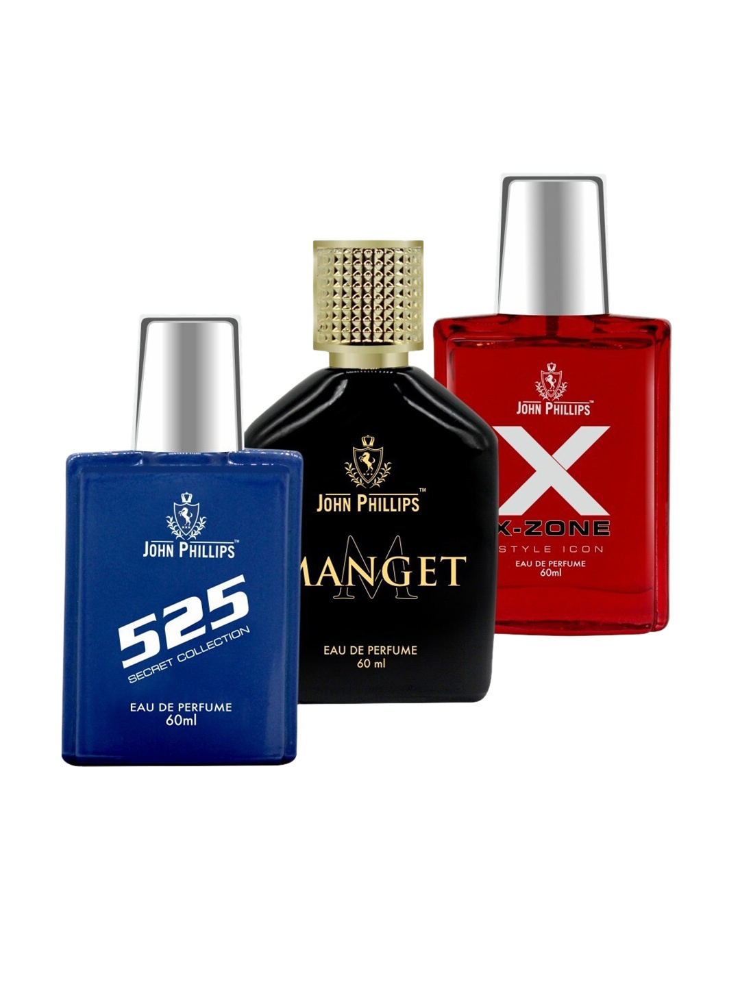 

JOHN PHILLIPS 525 & MANGET & XX-ZONE, Set Of 3 Long Lasting French Unisex Perfume, Na