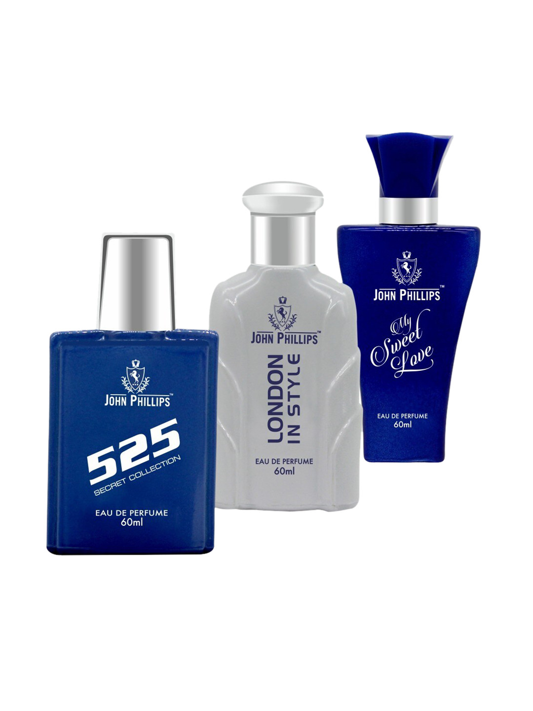

JOHN PHILLIPS Set of 3 Eau De Parfum - 525 + London In Style + My Sweet Love - 60ml Each, Blue