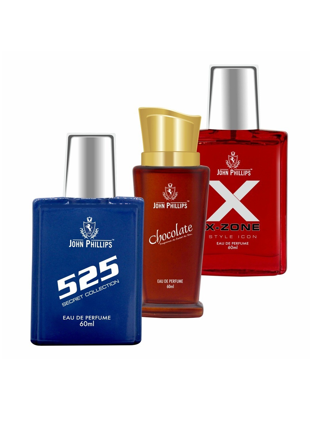 

JOHN PHILLIPS Set of 3 Eau De Parfum - 525 + Chocolate + X-Zone Style Icon - 60ml Each, Blue