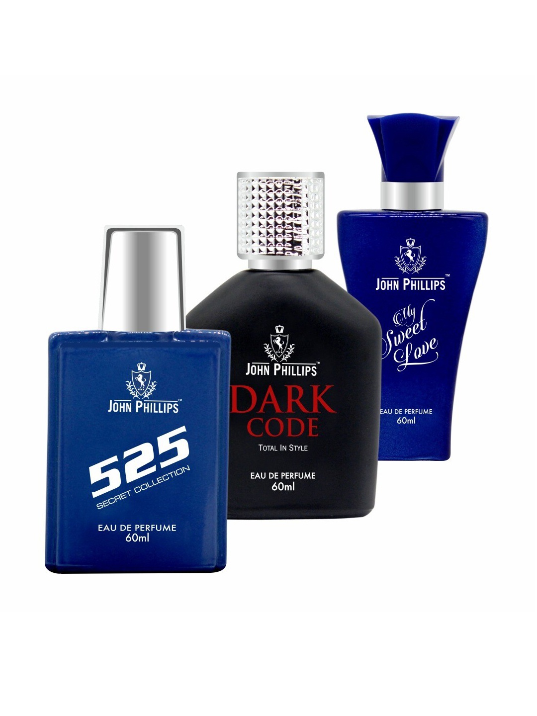 

JOHN PHILLIPS Set of 3 Eau De Parfum - 525 + Dark Code + My Sweet Love - 60ml Each, Blue