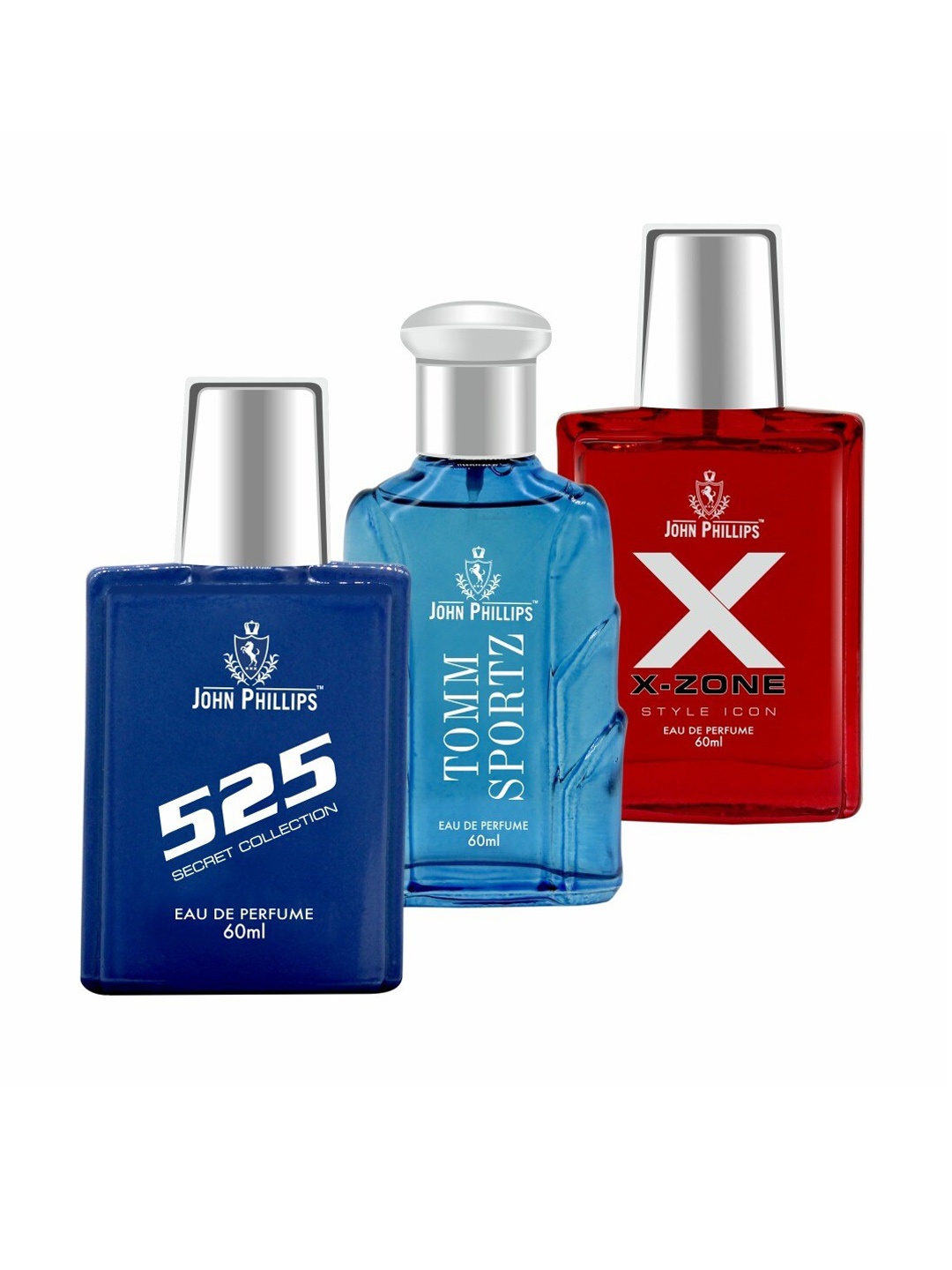 

JOHN PHILLIPS Set of 3 Eau De Parfum - 525 + Tomm Sportz + X-Zone Style Icon - 60ml Each, Blue