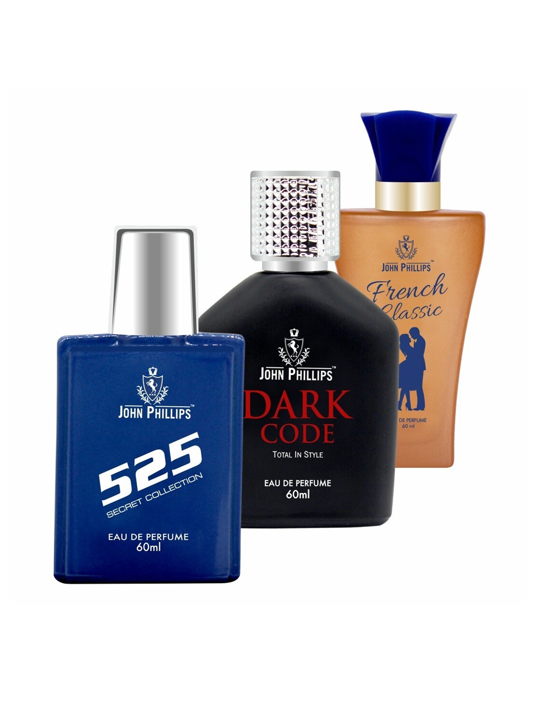 

JOHN PHILLIPS Set of 3 Eau De Parfum - 525 + Dark Code + French Classic - 60ml Each, Blue