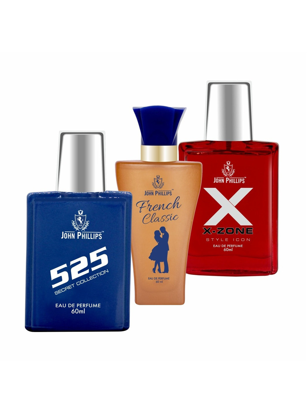 

JOHN PHILLIPS Set of 3 Eau De Parfum- 525 + XX-Zone Style Icon + French Classic- 60ml Each, Blue