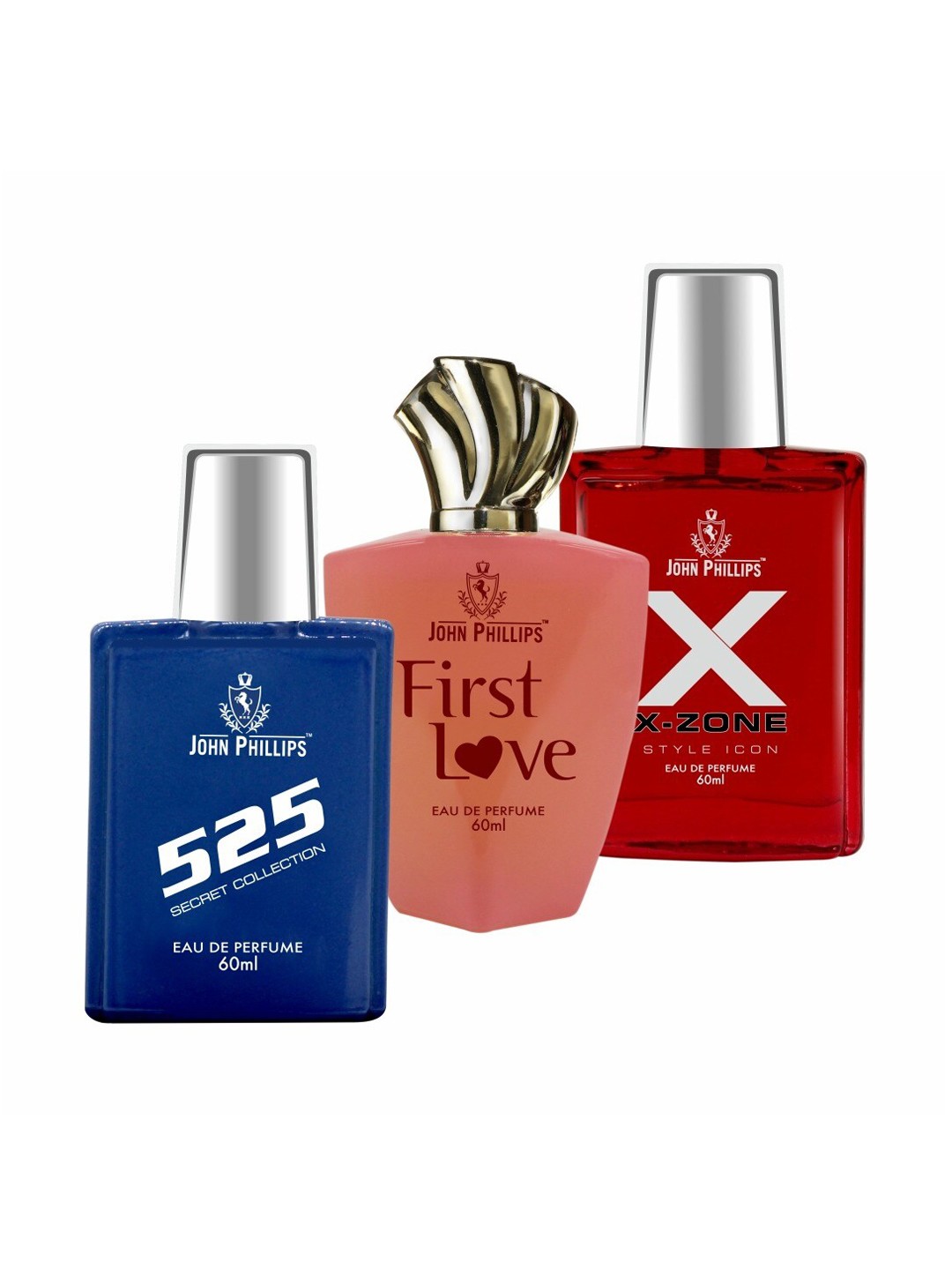 

JOHN PHILLIPS Set of 3 Eau De Parfum - 525 + First Love + X-Zone Style Icon - 60ml Each, Blue