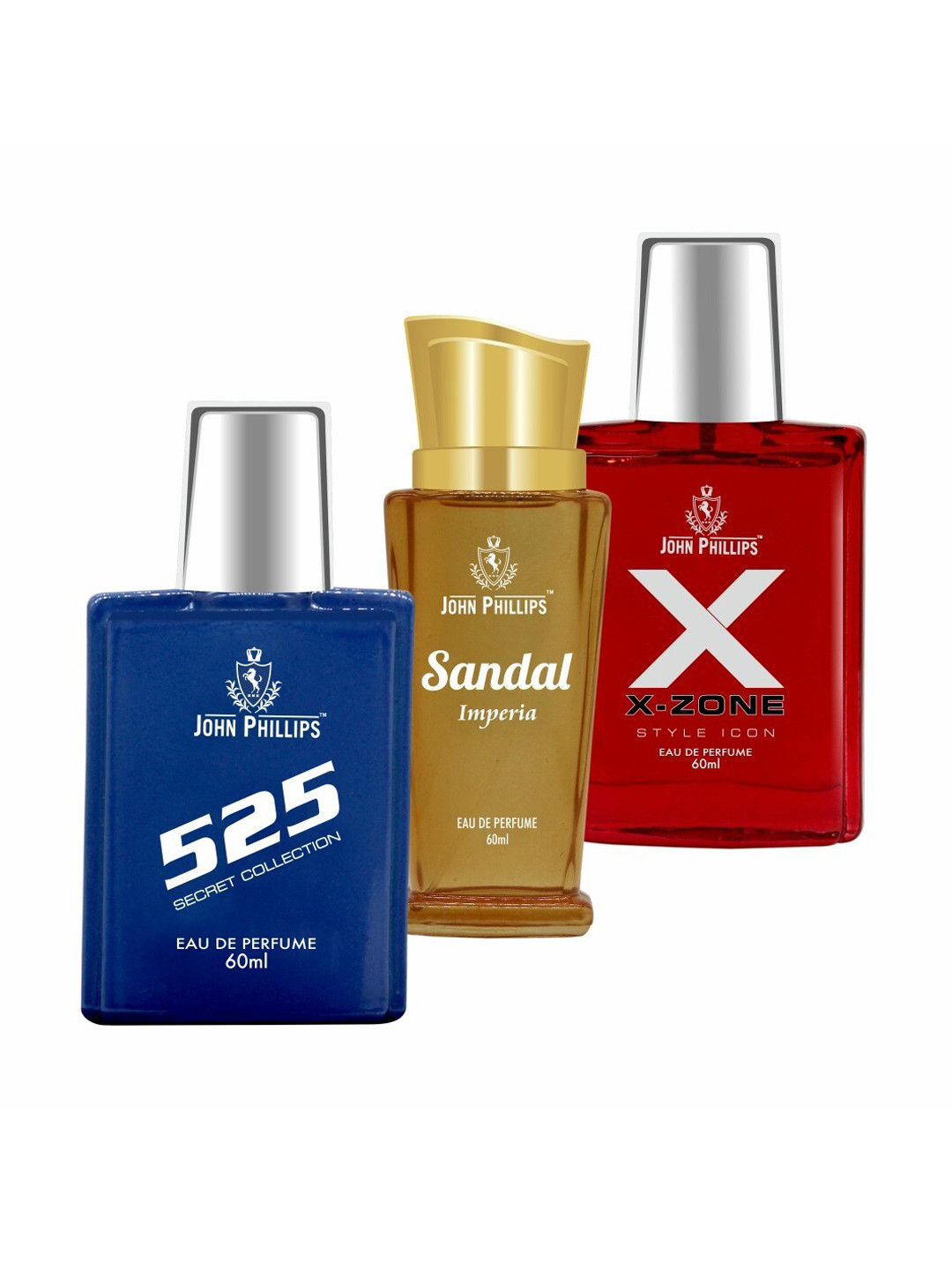 

JOHN PHILLIPS Set of 3 Eau De Parfum - 525 + X-Zone Style Icon + Sandal Imperia- 60ml Each, Blue