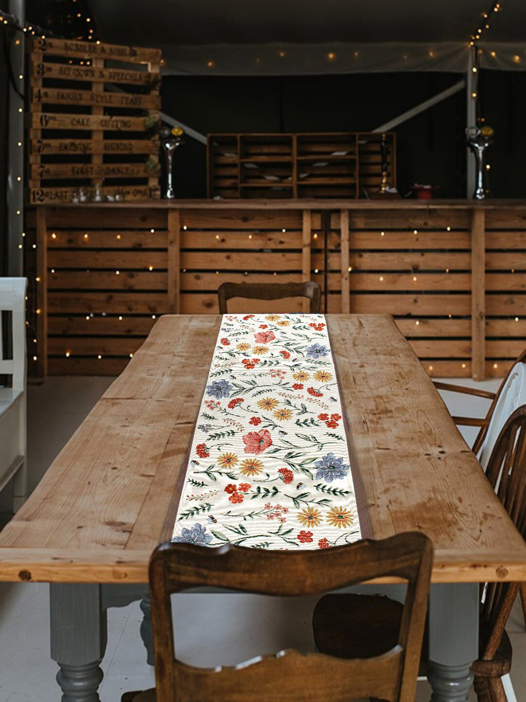 

AVI Living Cream & Blue Floral Design Textured Rectangular Table Runner