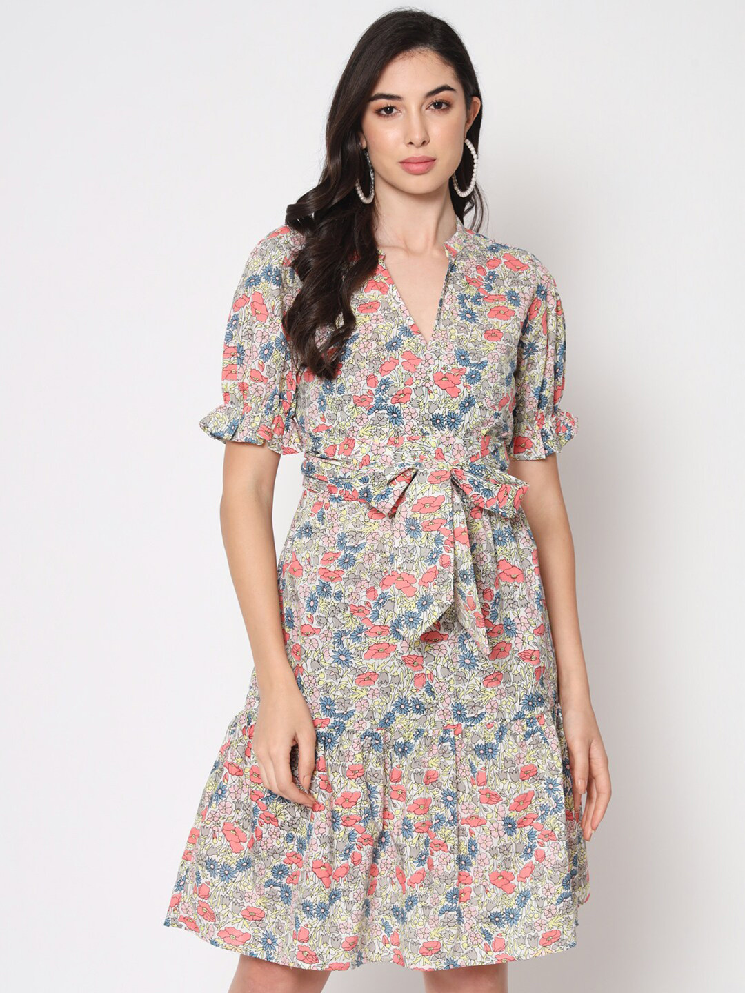 

HERE&NOW Floral Printed V-Neck Cotton A-Line Dress, Grey