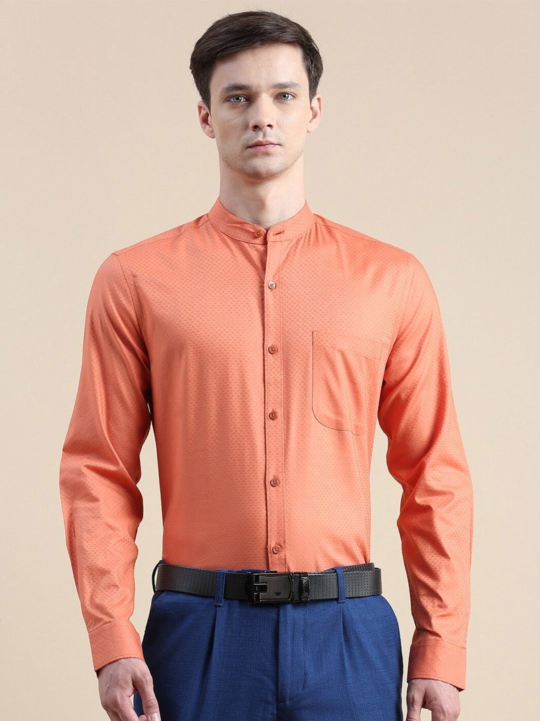 

INVICTUS Comfort Slim Self Design Mandarin Collar Cotton Formal Shirt, Orange