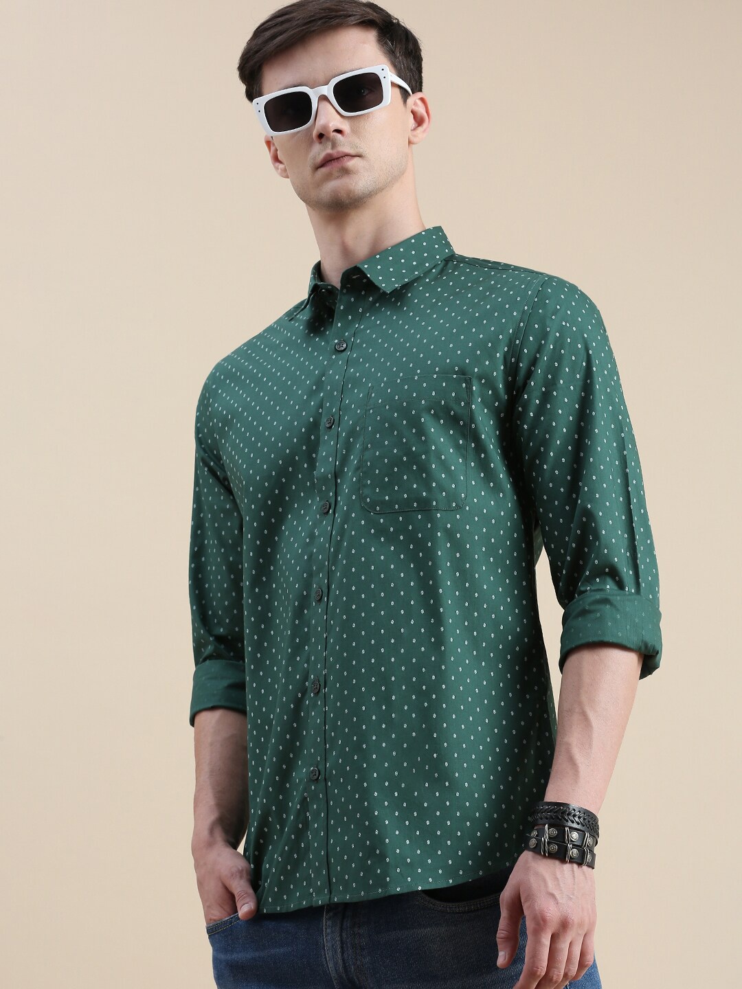 

INVICTUS Comfort Slim Fit Geometric Printed Cotton Casual Shirt, Green