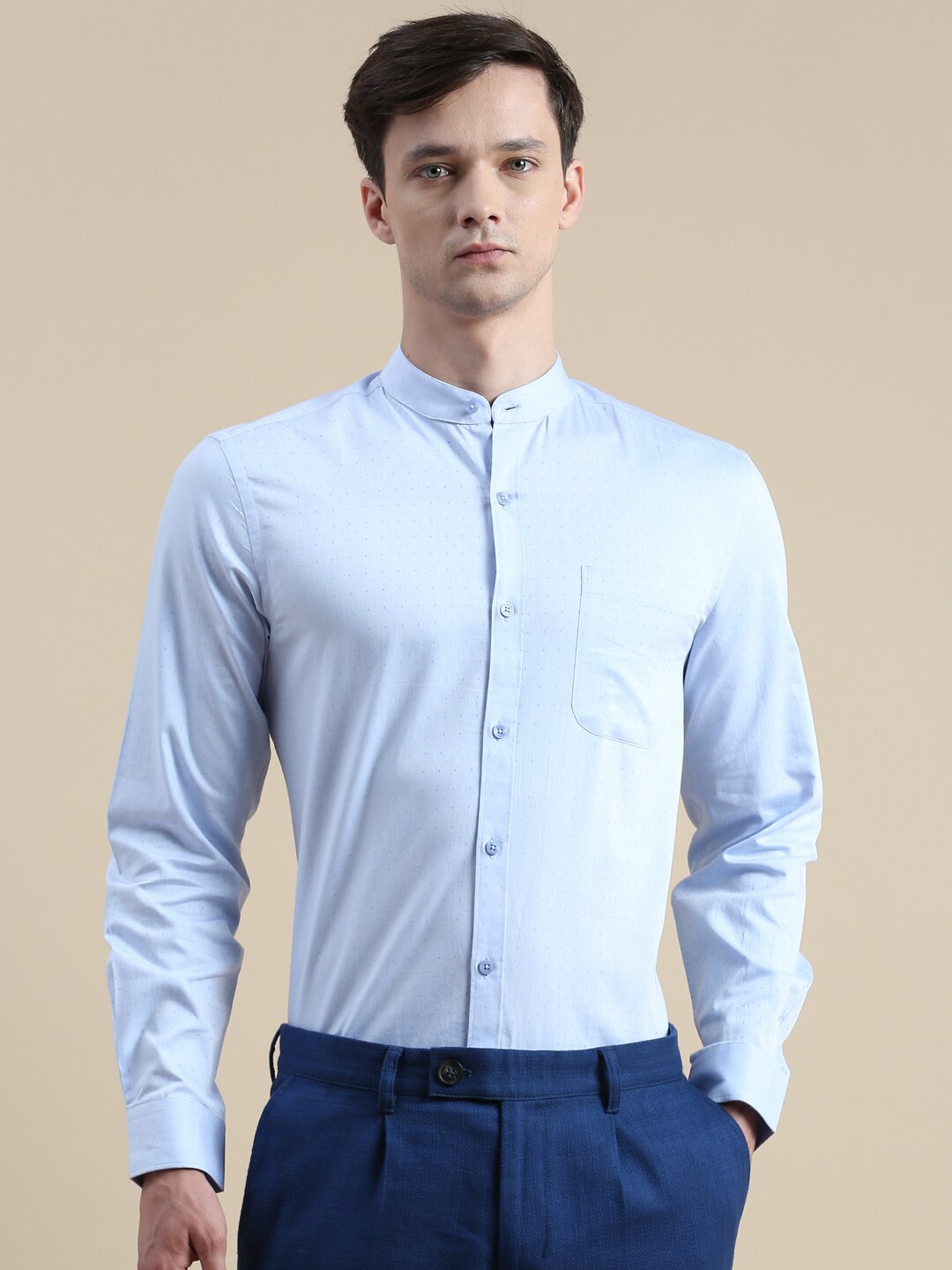 

INVICTUS Comfort Slim Fit Self Design Mandarin Collar Cotton Formal Shirt, Blue