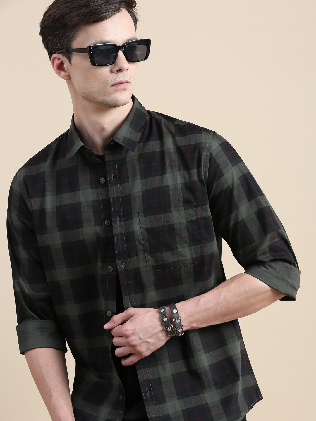 

INVICTUS Comfort Slim Fit Tartan Checked Cotton Casual Shirt, Olive