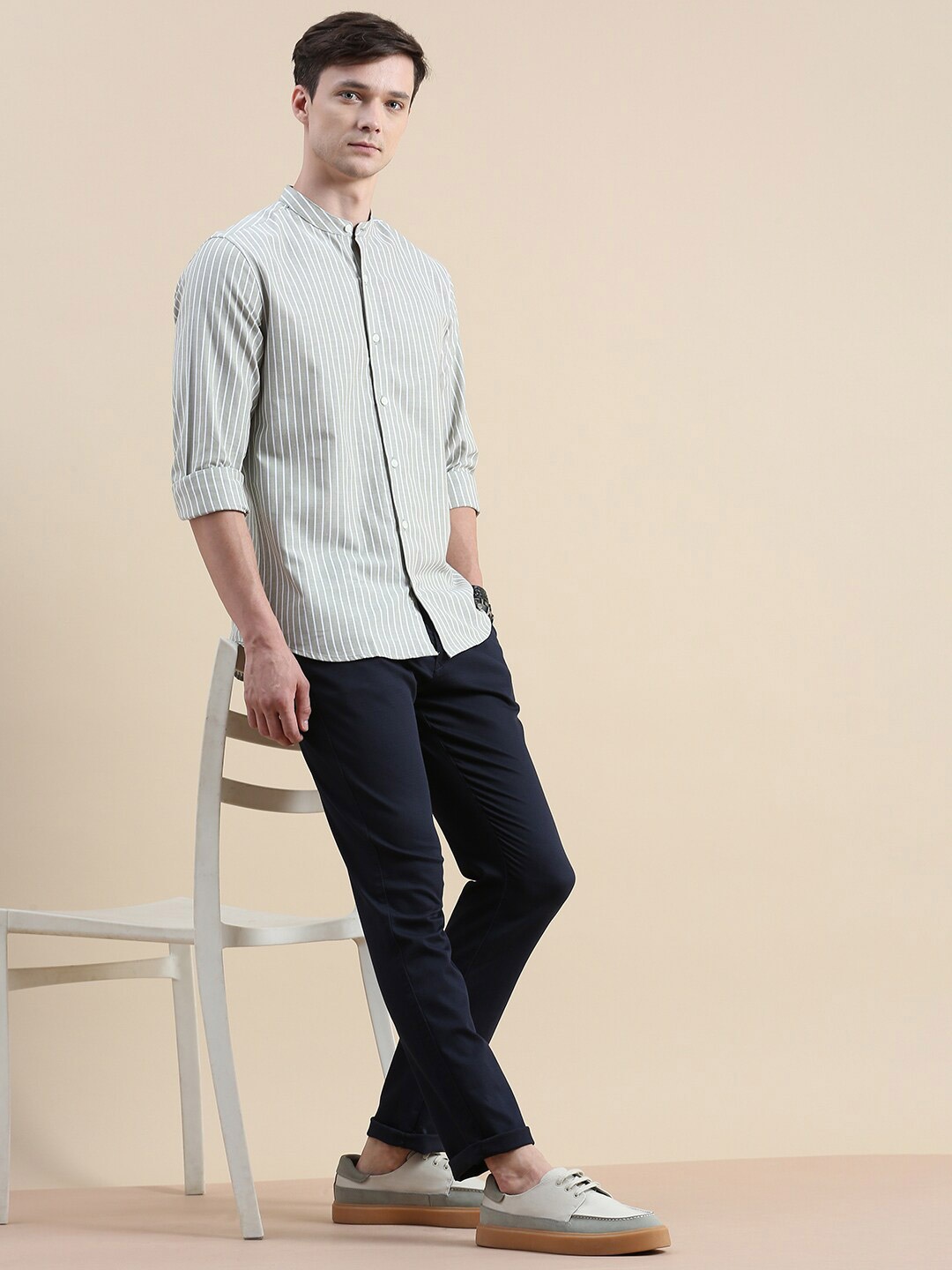 

INVICTUS Comfort Slim Fit Vertical Striped Mandarin Collar Cotton Casual Shirt, Olive