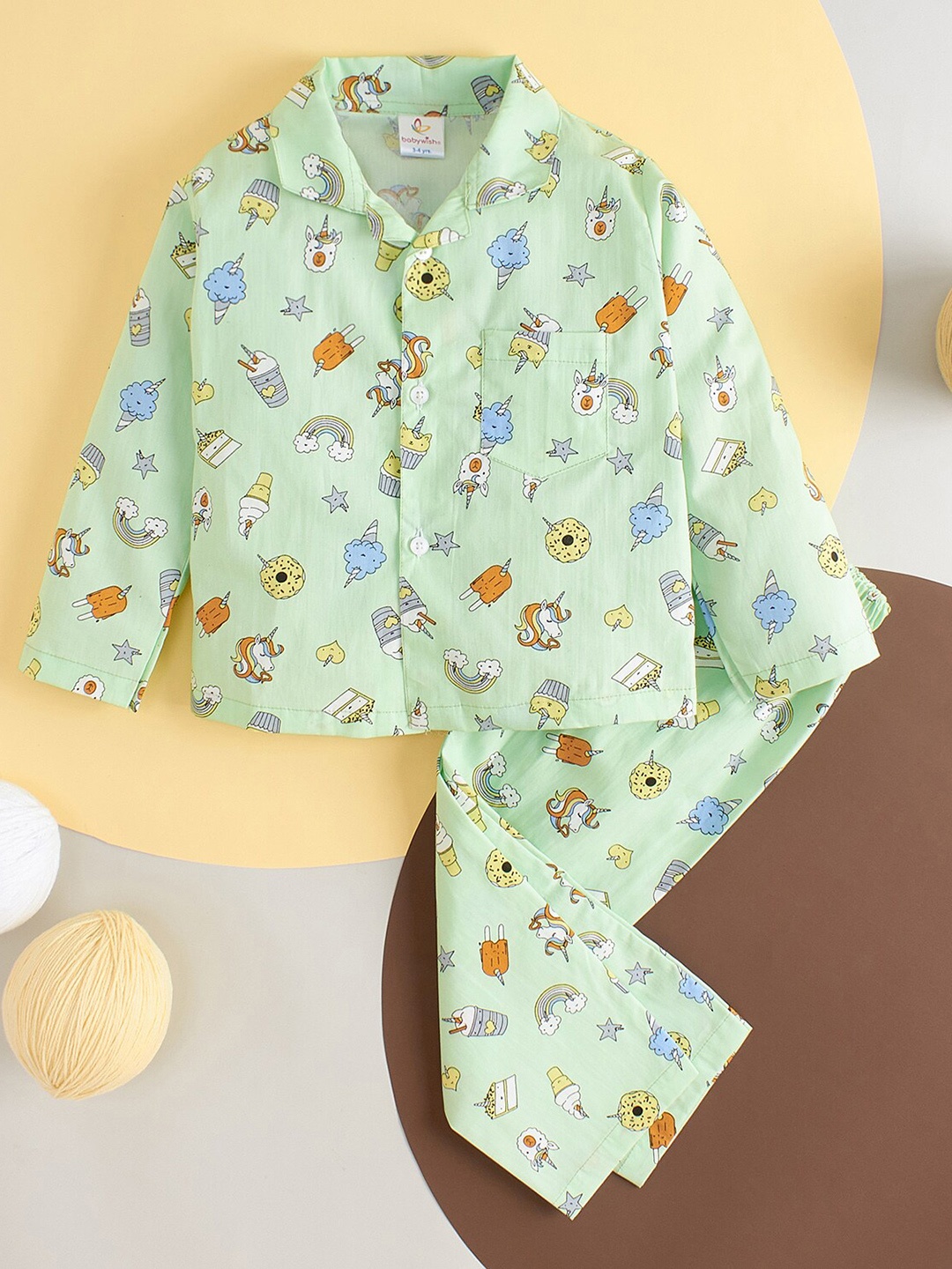 

Babywish Kids Kulfi Theme Printed Pure Cotton Night suit, Green