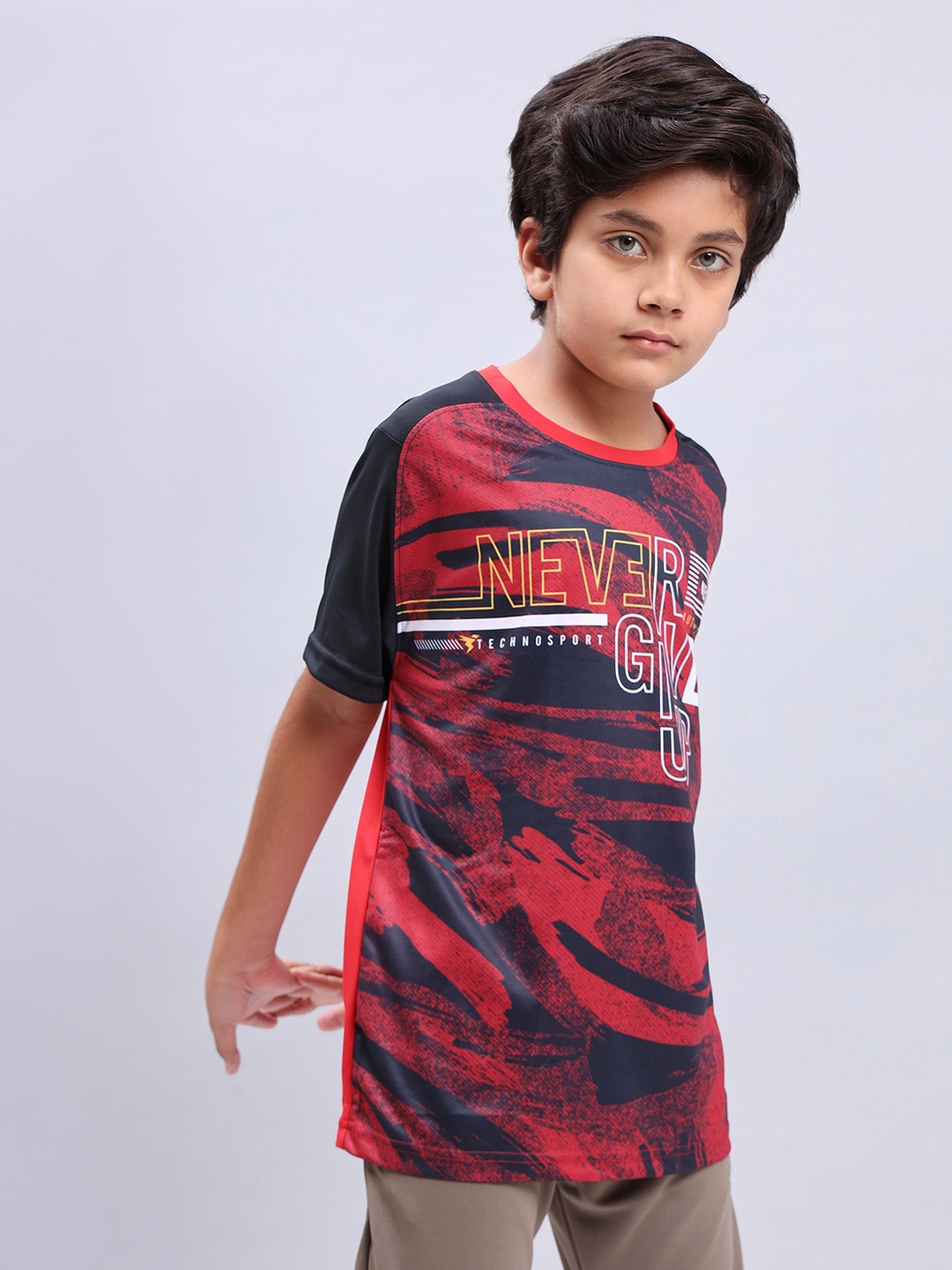 

Technosport Boys Typography Printed Antimicrobial Slim Fit Sports T-shirt, Red