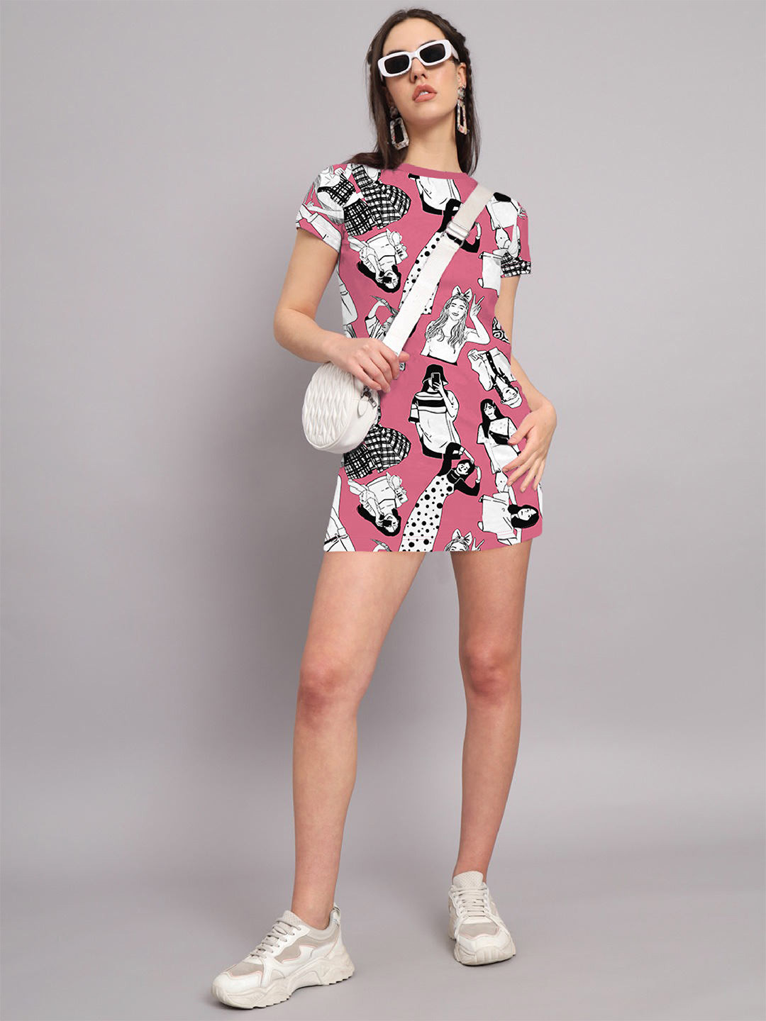 

The Dry State Mauve Conversational Printed Round Neck Cotton A-Line Dress