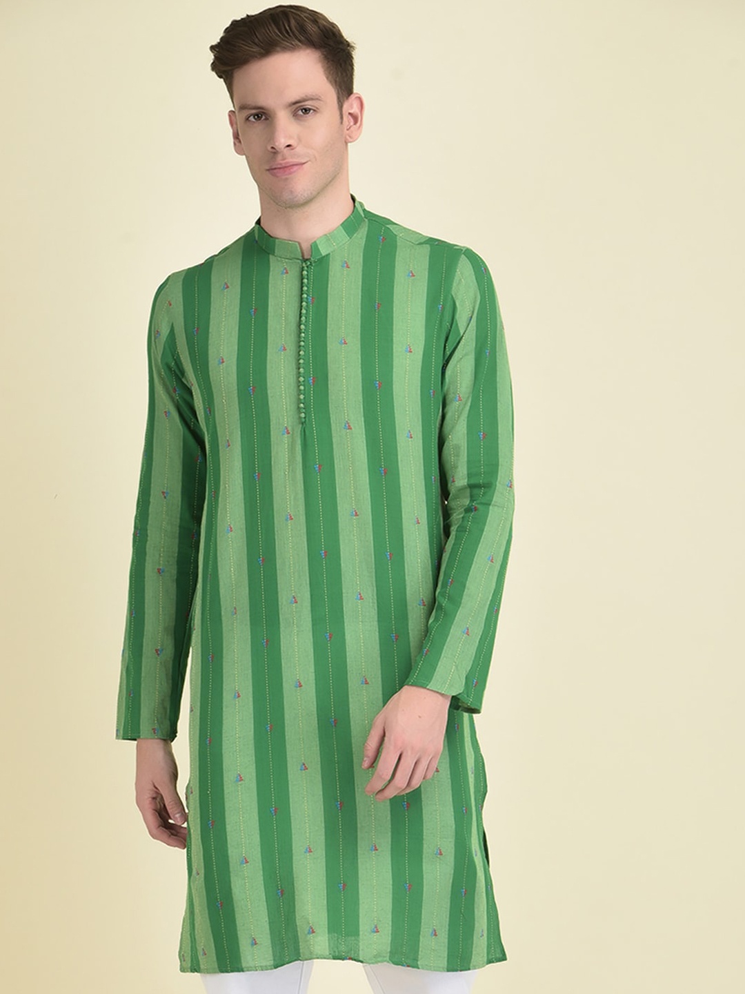 

DEYANN Striped Mandarin Collar Thread Work Jacquard Kurta, Green