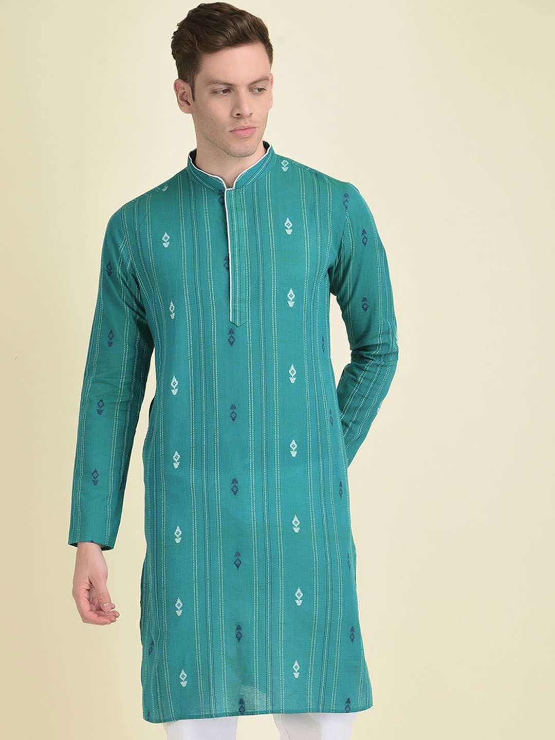 

DEYANN Mandarin Collar Ethnic Motifs Woven Design Jacquard Kurta, Blue