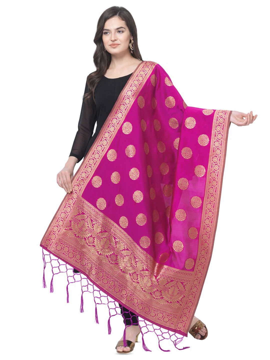 

KALINI Ethnic Motifs Woven Design Zari Dupatta, Pink