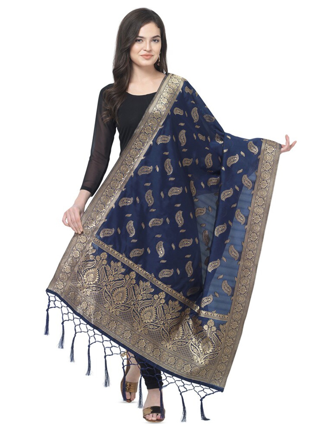 

KALINI Ethnic Motifs Woven Design Zari Dupatta, Navy blue