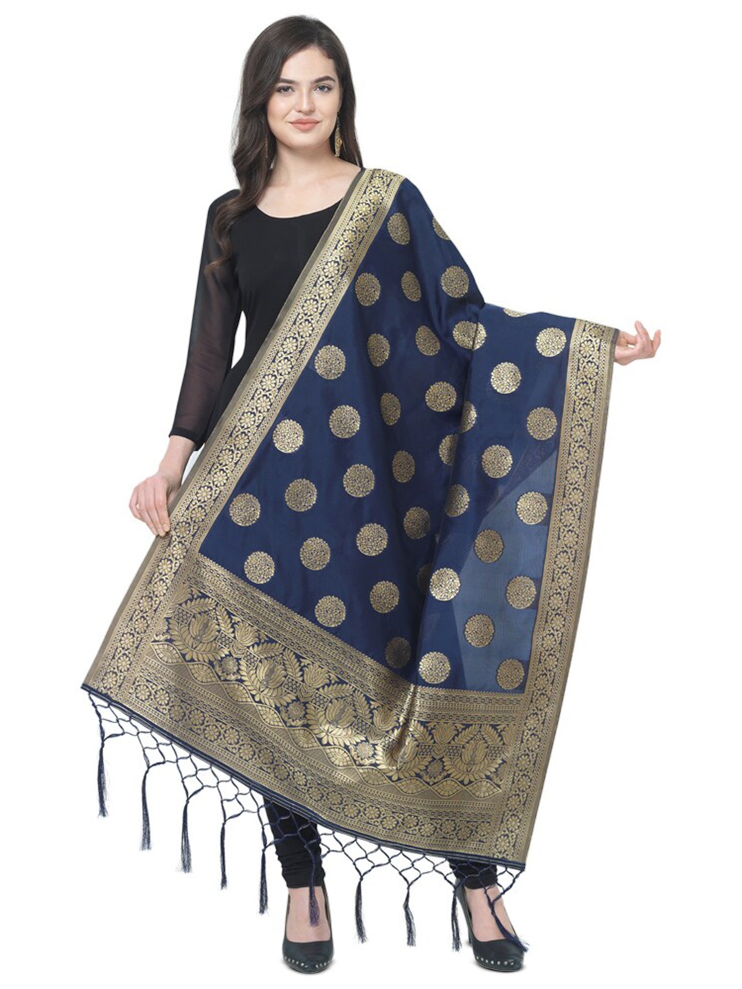 

KALINI Ethnic Motifs Woven Design Zari Dupatta, Navy blue