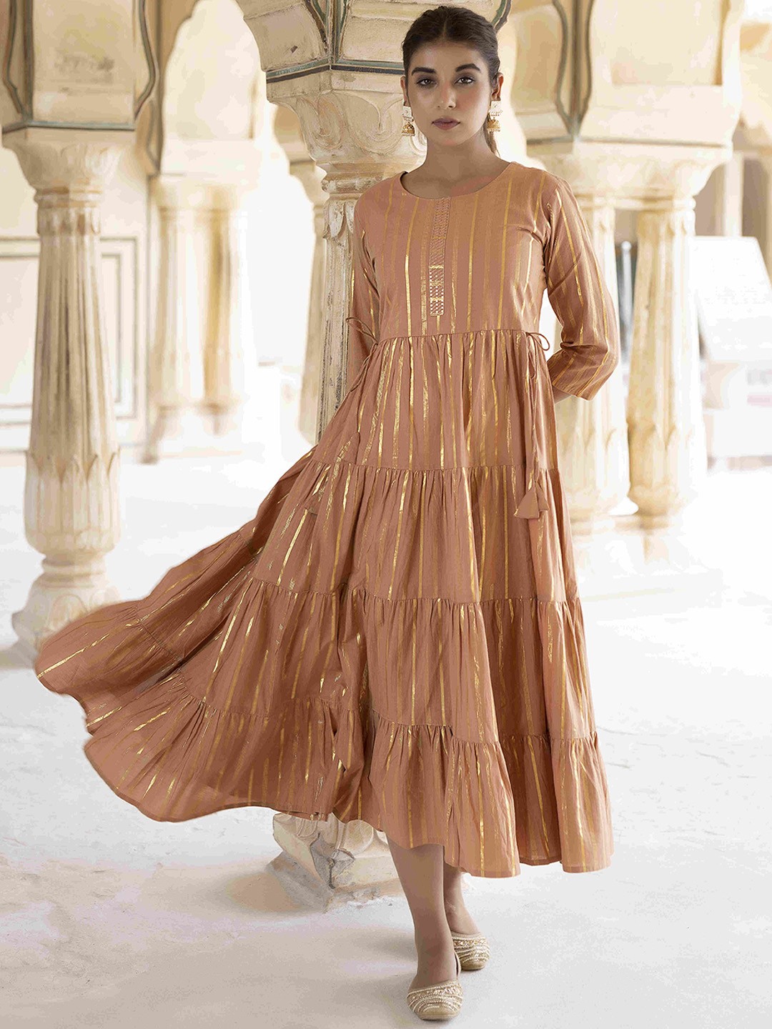 

Ragavi Striped Tie-up Detail Tiered Fit And Flare Ethnic Dress, Nude