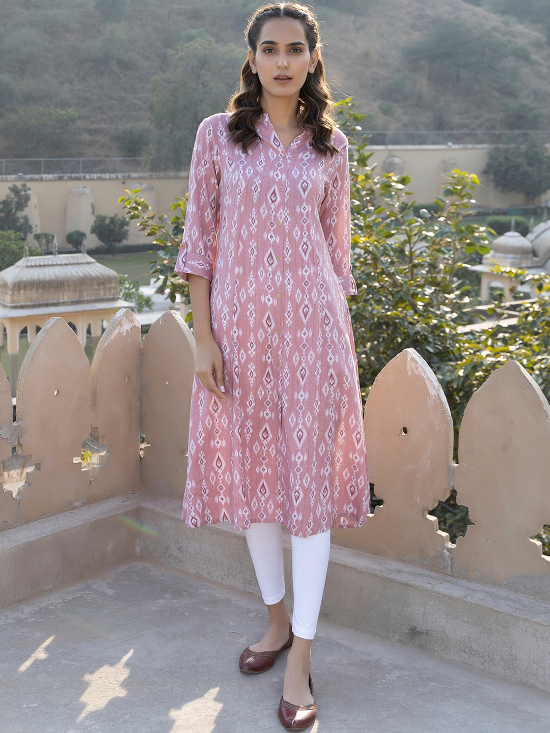 

Ragavi Ethnic Printed Roll-Up Sleeves A-line Kurta, Pink