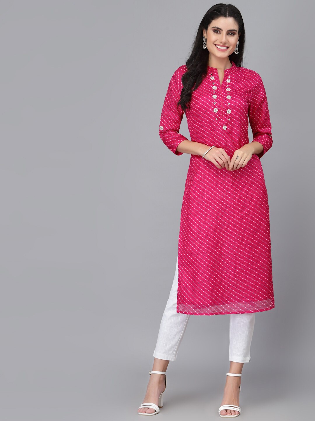 

Ragavi Mandarin Collar Striped Cotton Kurta, Pink