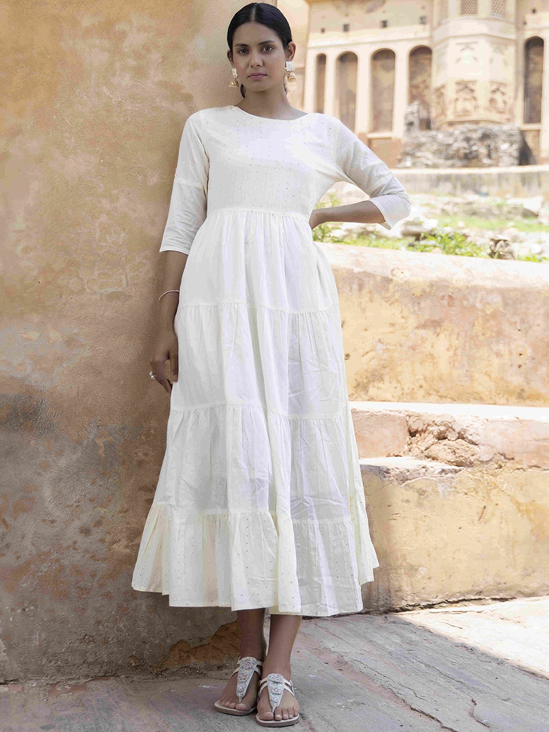 

Ragavi Yoke Design Tiered Ethnic Dress, White